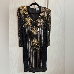 Style of Paris Vintage Black and Gold V-Neck beaded Embellished Cocktail Dress M